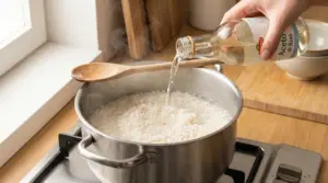 Mano che versa aceto di riso in una pentola con riso in cottura su fornello