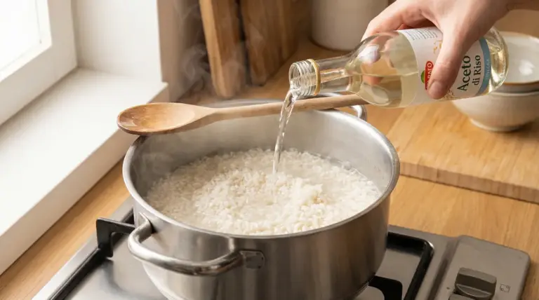 Mano che versa aceto di riso in una pentola con riso in cottura su fornello