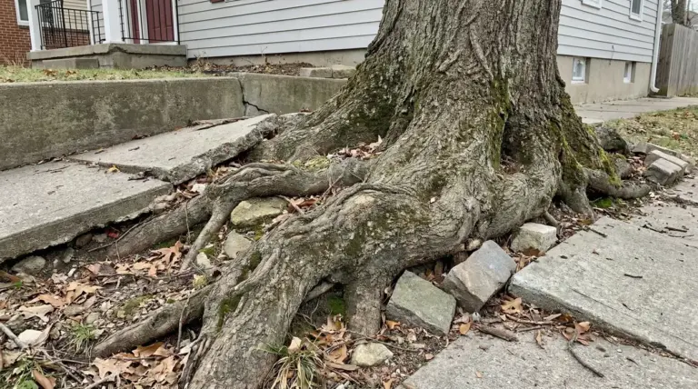 Radici di un grande albero sollevano marciapiede vicino a una casa