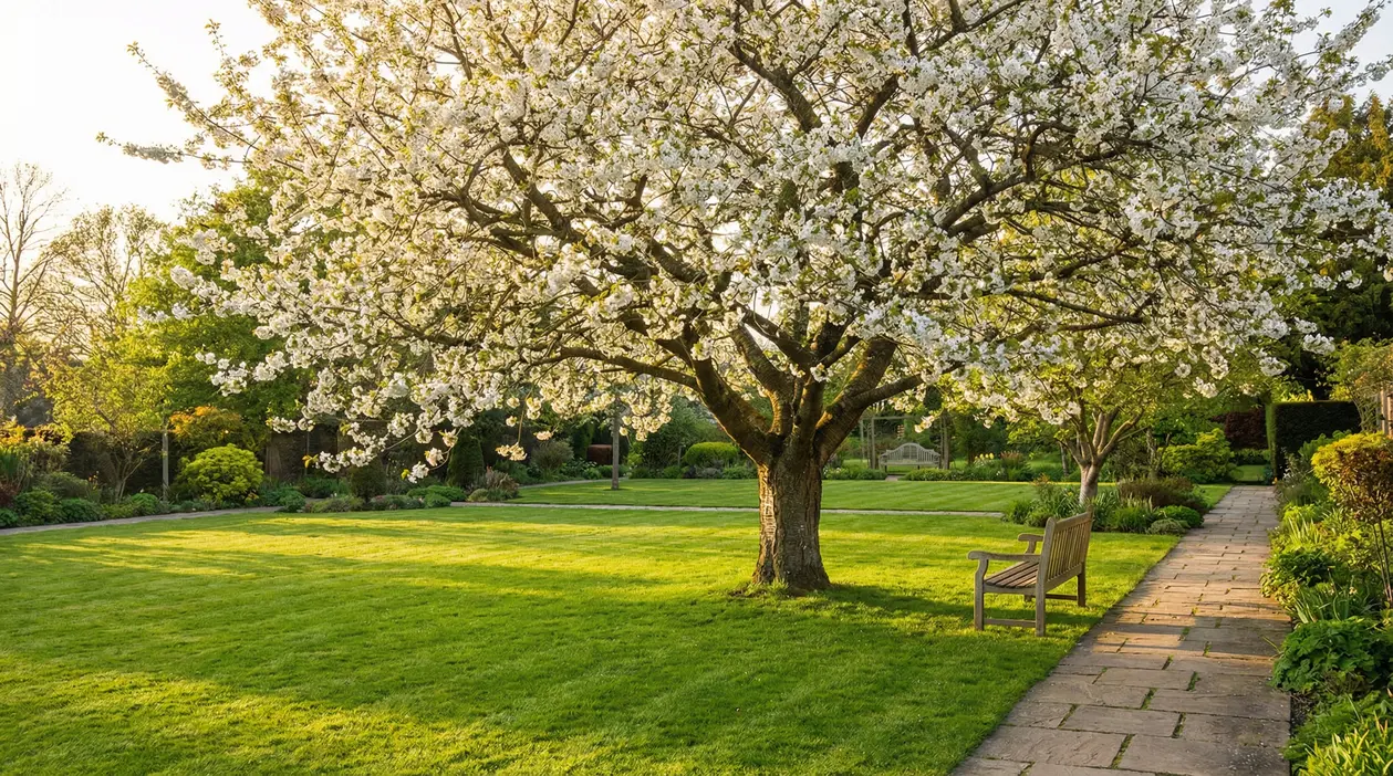 Albero in fiore al centro di un giardino curato con panchina e sentiero
