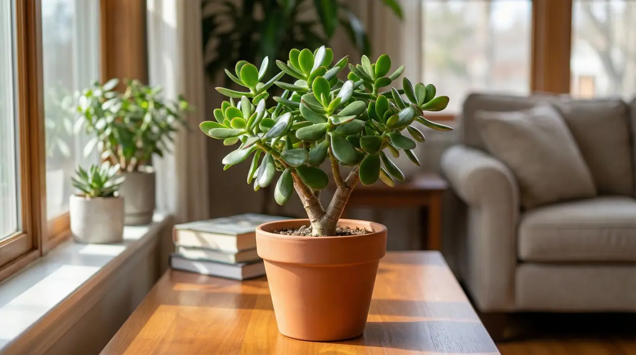 Pianta di giada in vaso su un tavolo di legno vicino a una finestra soleggiata