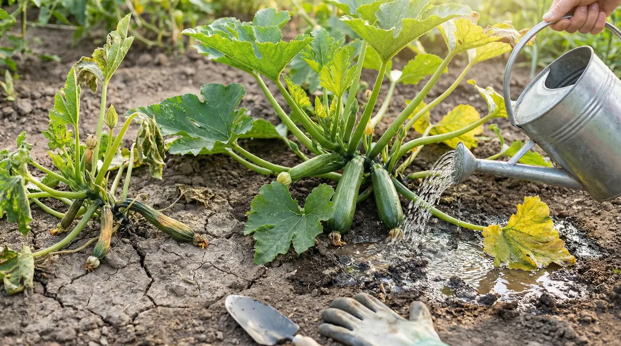 Piante di zucchine in un orto, alcune appassite, altre innaffiate con un annaffiatoio