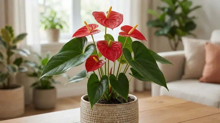 Pianta di anthurium con fiori rossi in vaso decorativo su tavolino in salotto luminoso