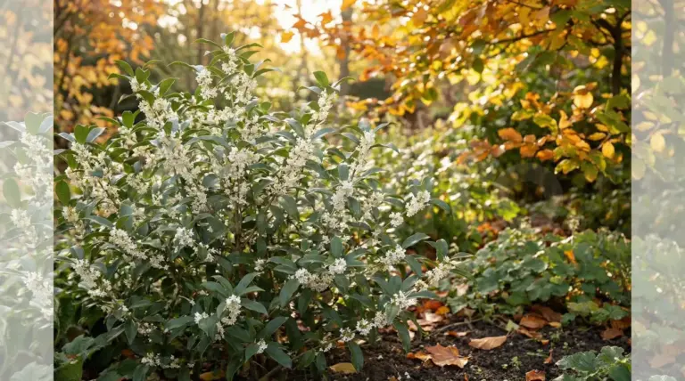 Arbusto fiorito con piccoli fiori bianchi in un giardino autunnale