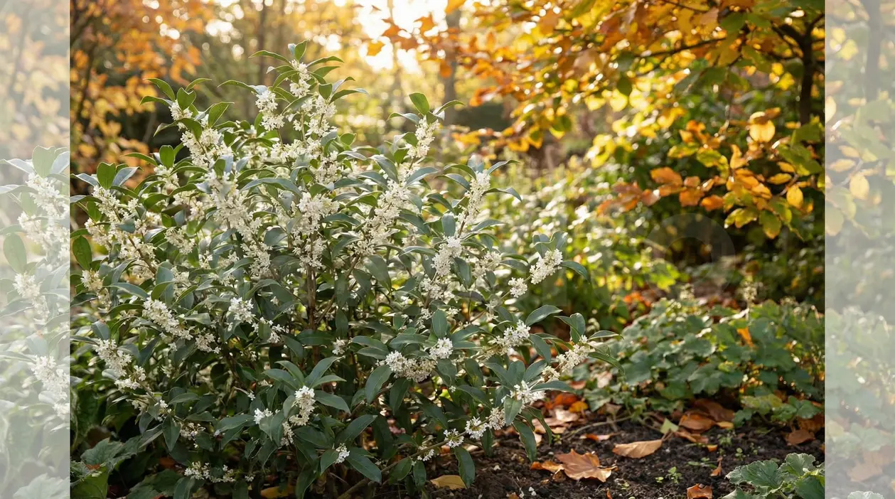 Arbusto fiorito con piccoli fiori bianchi in un giardino autunnale