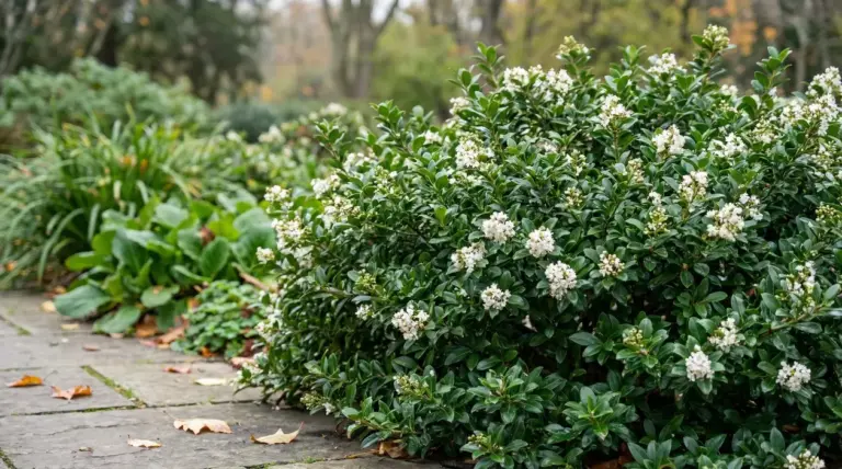 Arbusto sempreverde con piccoli fiori bianchi in un giardino curato