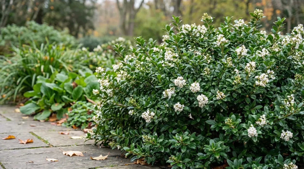 Arbusto sempreverde con piccoli fiori bianchi in un giardino curato