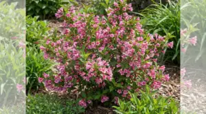 Arbusto fiorito con fiori rosa in un giardino ben curato