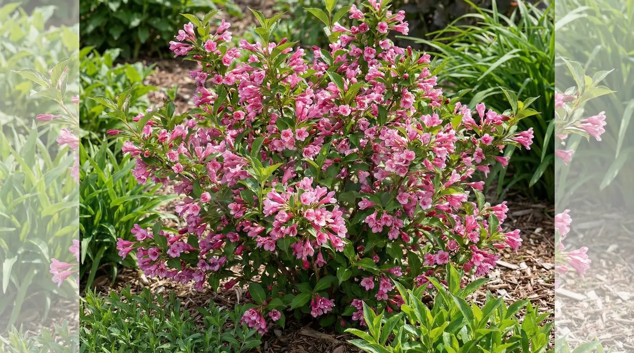 Arbusto fiorito con fiori rosa in un giardino ben curato
