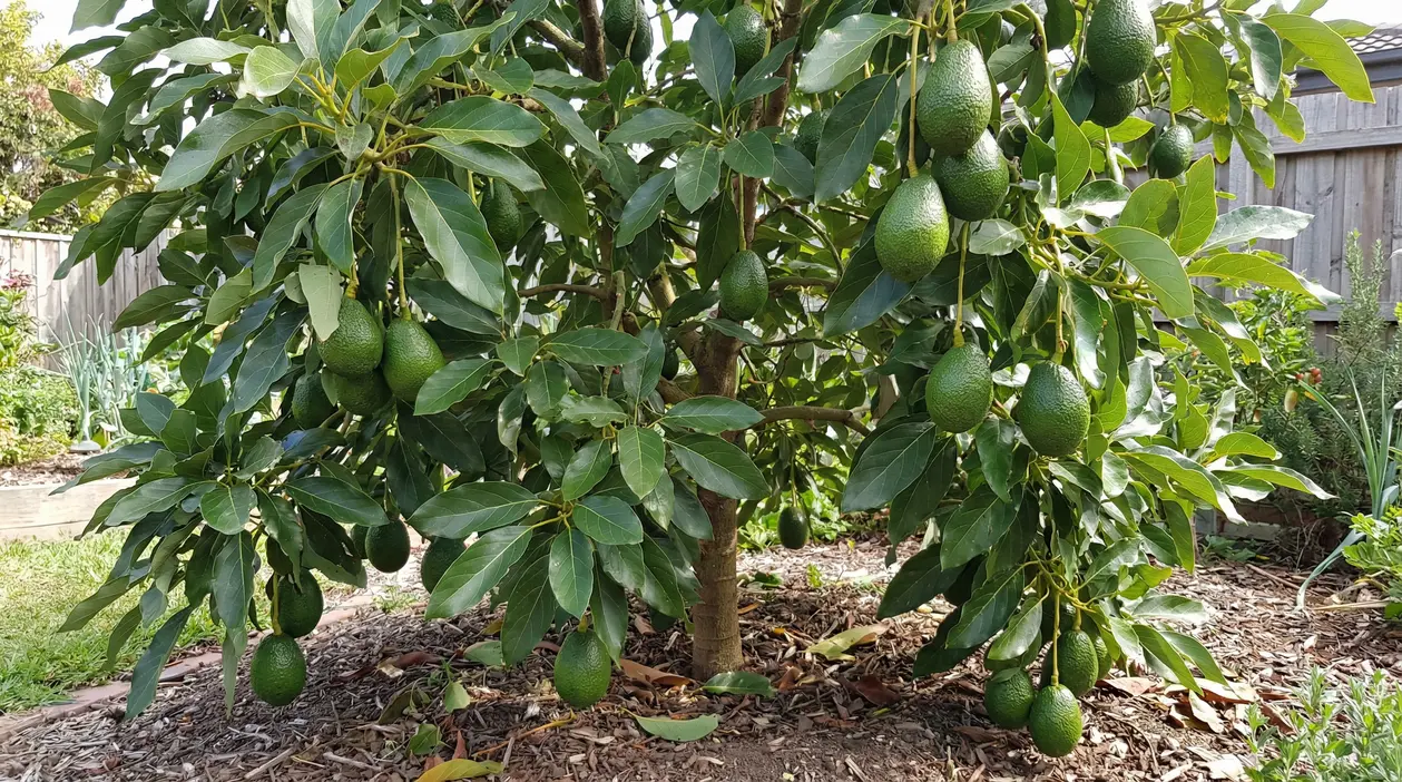 Albero di avocado in giardino con molti frutti maturi tra le foglie verdi