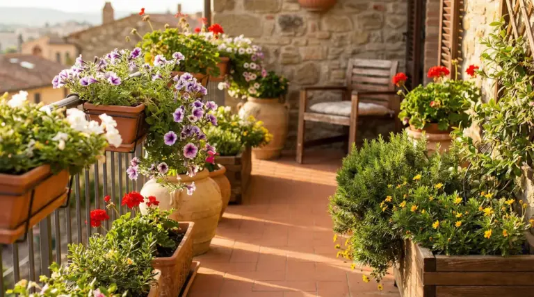 Balcone soleggiato con vasi di fiori perenni colorati