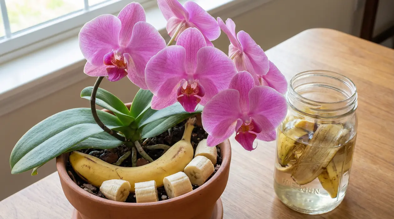 Orchidea in vaso con banana e bucce di banana in un barattolo con acqua
