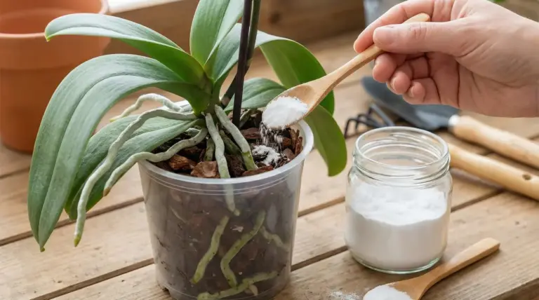 Una mano versa bicarbonato nel vaso trasparente di un'orchidea con radici visibili.