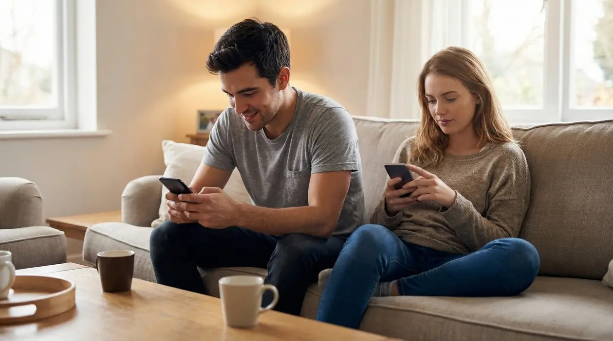 Due persone sedute su un divano mentre usano lo smartphone