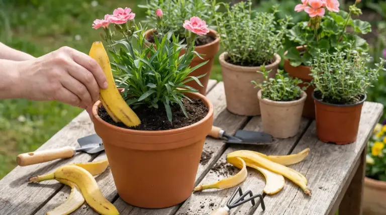 Una mano inserisce una buccia di banana in un vaso con fiori rosa su un tavolo da giardino