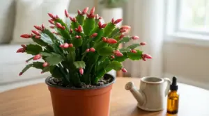 Cactus di Natale in vaso con boccioli rosa su tavolino di legno