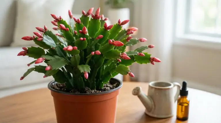 Cactus di Natale in vaso con boccioli rosa su tavolino di legno