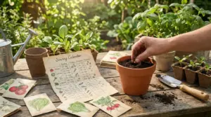 Mano che pianta un seme in un vaso sul tavolo con calendario di semina e attrezzi da giardinaggio