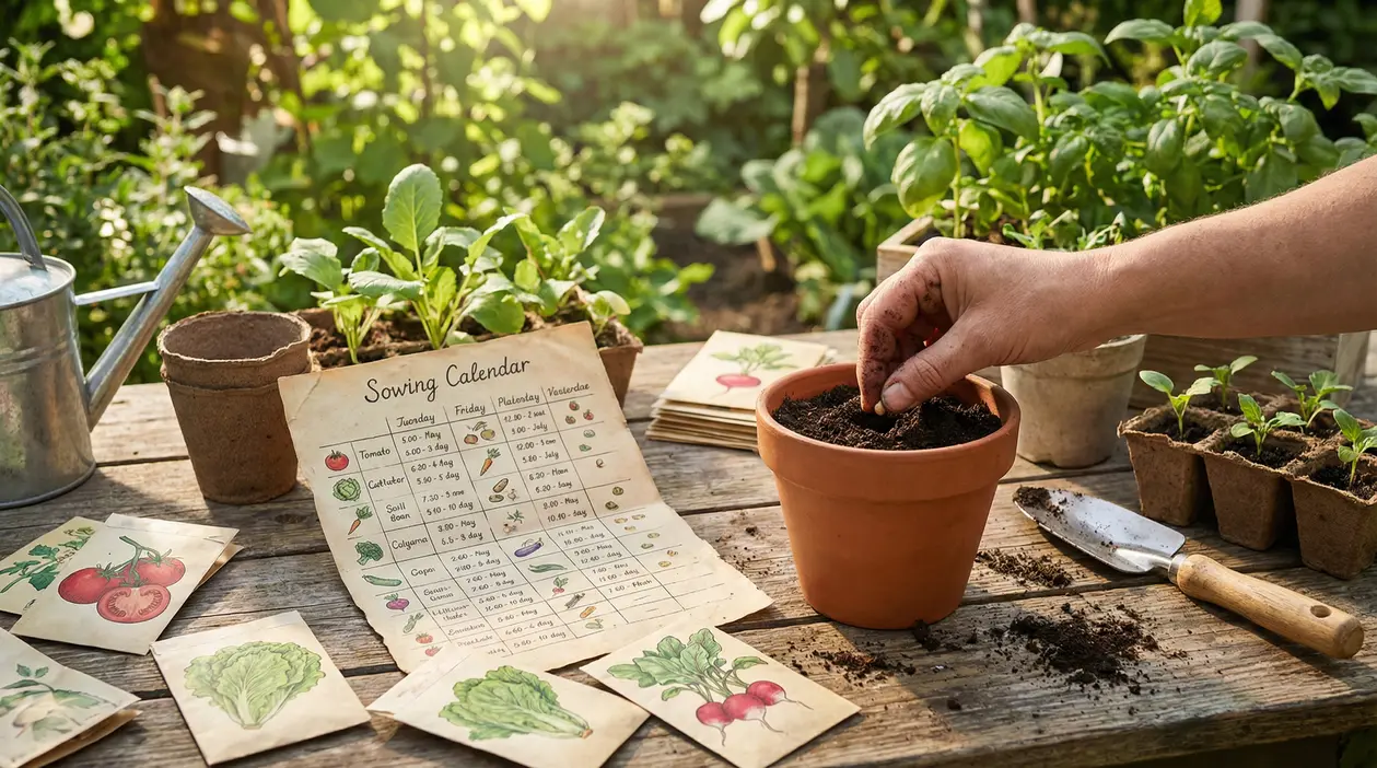 Mano che pianta un seme in un vaso sul tavolo con calendario di semina e attrezzi da giardinaggio