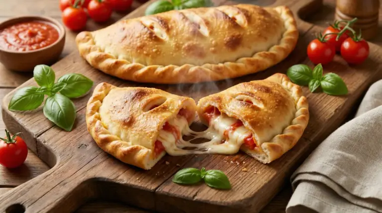 Calzoni ripieni al forno con formaggio filante su tagliere di legno, decorati con basilico fresco