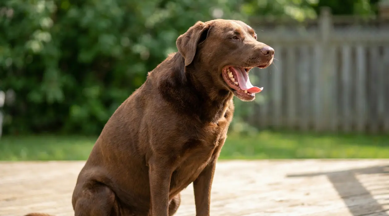 Cane marrone seduto su una terrazza mentre sbadiglia all'aperto