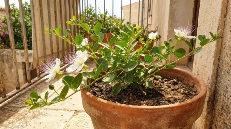 Pianta di capperi in fiore coltivata in un vaso su un balcone soleggiato