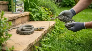 Persona con guanti maneggia una biscia in giardino vicino a un repellente per serpenti