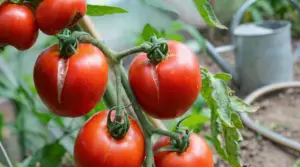 Pomodori rossi spaccati sulla pianta in un orto