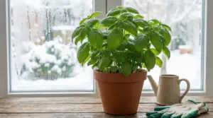 Pianta di basilico rigogliosa in vaso di terracotta davanti a una finestra con neve