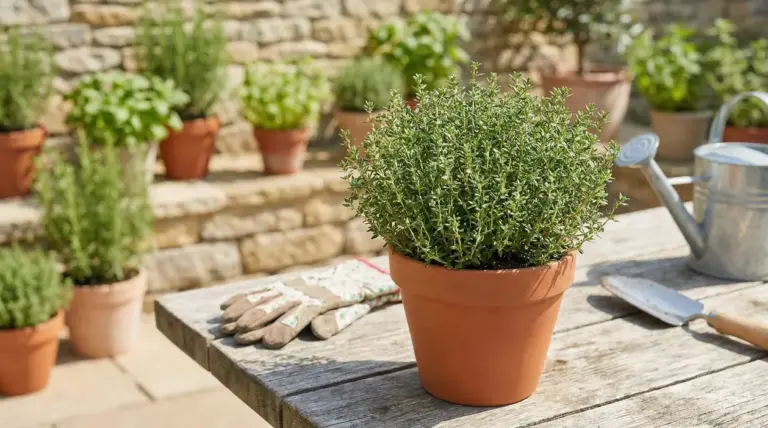 Pianta di timo in vaso di terracotta su un tavolo da giardino