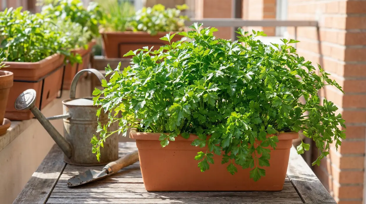 Prezzemolo rigoglioso coltivato in un vaso sul balcone, accanto a un annaffiatoio