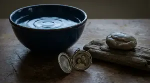 Ciotola d'acqua accanto a un ciondolo aperto con una vecchia foto e un sasso su legno