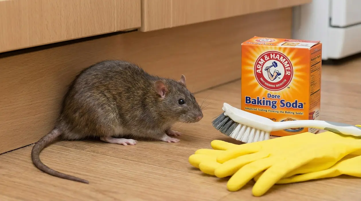 Pantegana vicino a prodotti per la pulizia e bicarbonato su un pavimento di cucina