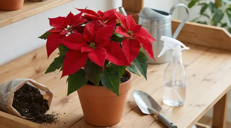 Stella di Natale in vaso su tavolo da giardinaggio con attrezzi