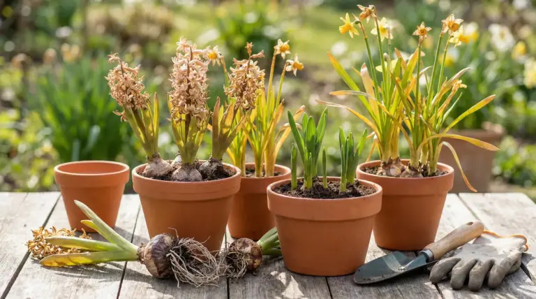 Vasi di giacinti e narcisi sfioriti su un tavolo da giardinaggio all'aperto