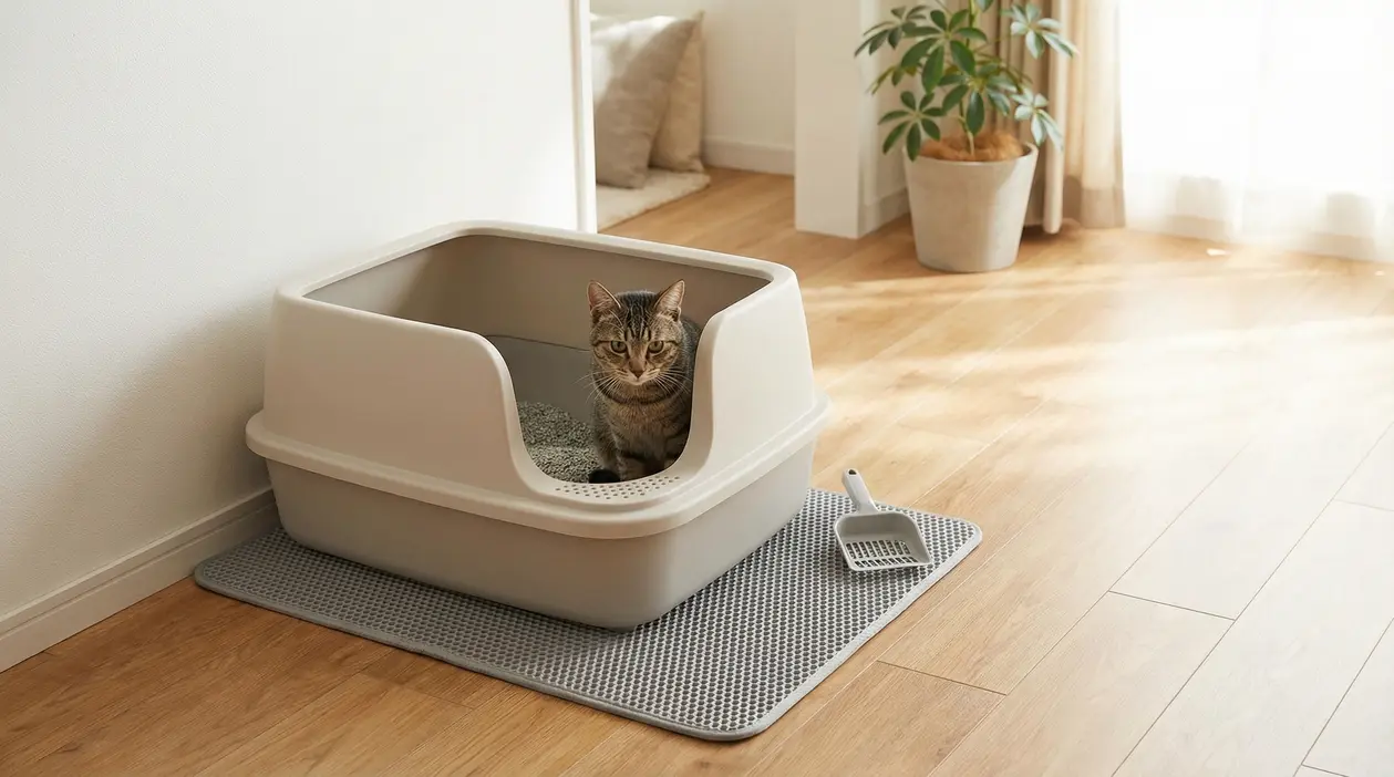 Gatto all'interno di una lettiera beige in un ambiente domestico luminoso