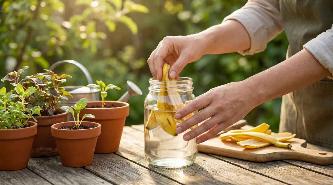 Mani che immergono bucce di banana in un barattolo di vetro vicino a piante in vaso