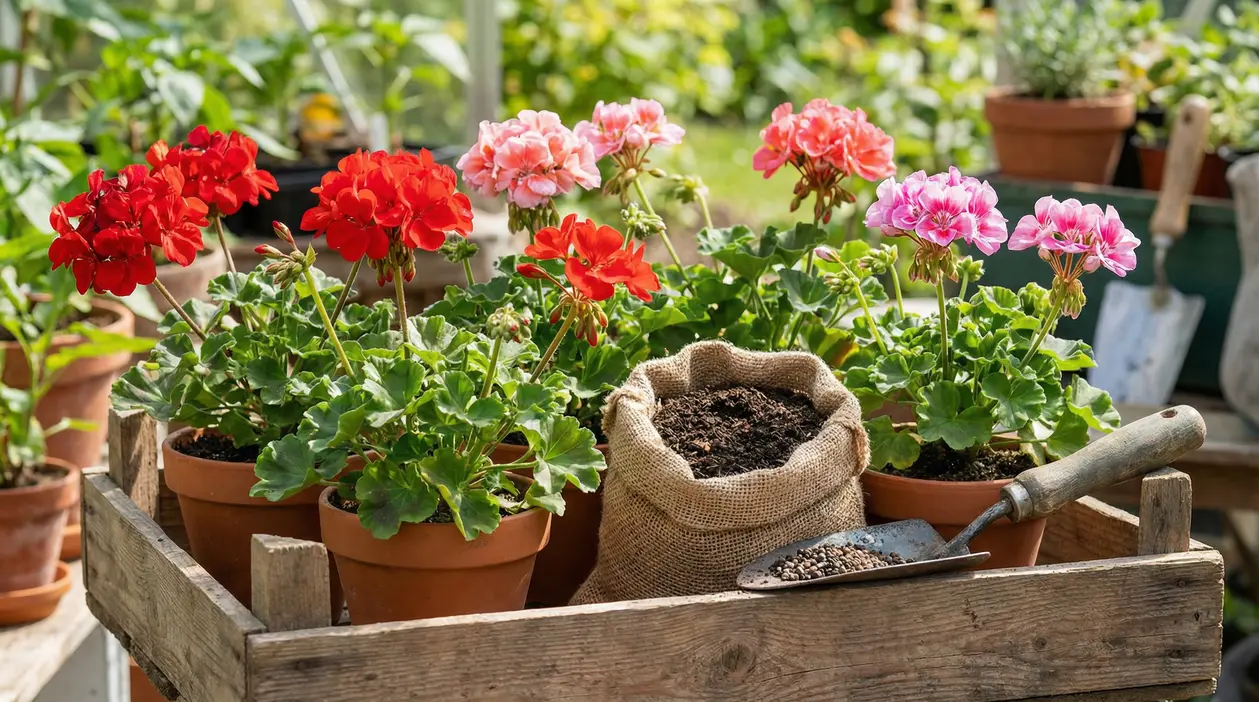 Gerani fioriti in vaso con concime naturale in un sacco e attrezzi da giardinaggio