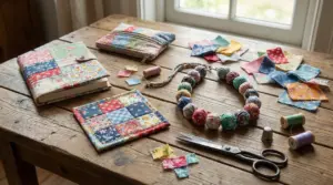 Oggetti artigianali realizzati con avanzi di tessuto su un tavolo in legno