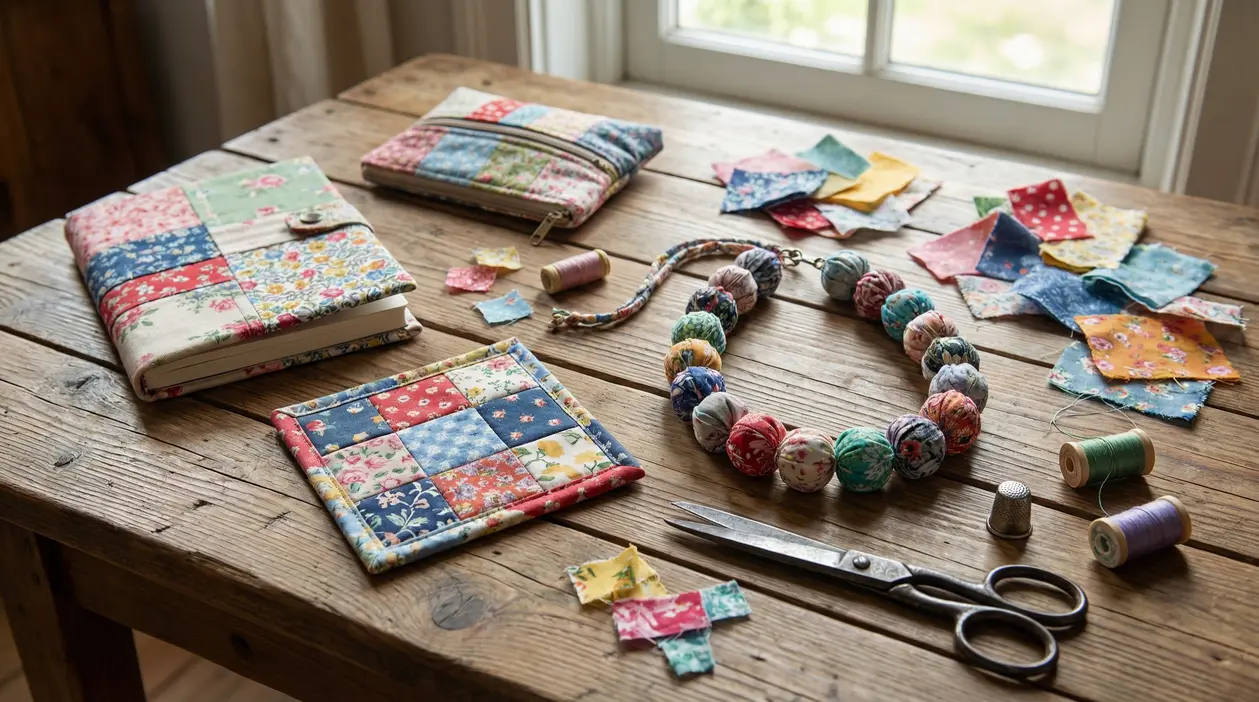 Oggetti artigianali realizzati con avanzi di tessuto su un tavolo in legno