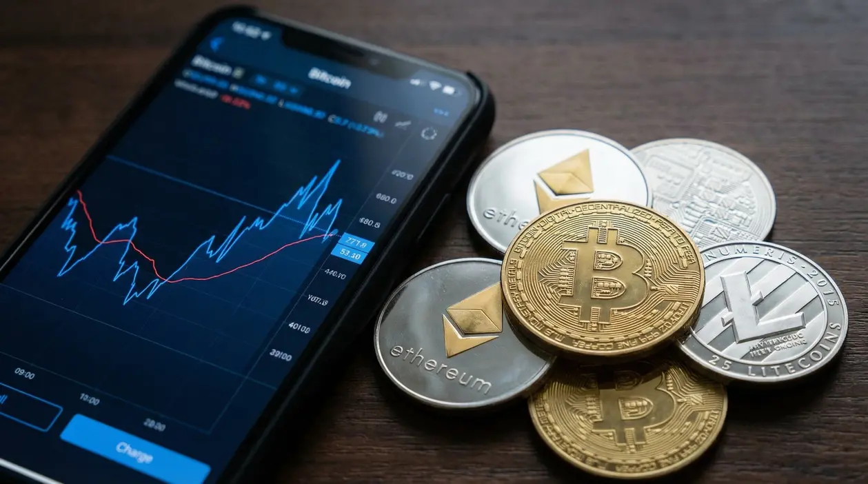 Monete fisiche di criptovalute accanto a uno smartphone con grafico di andamento