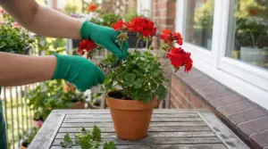 Una persona pota un vaso di gerani rossi su un tavolo da giardino