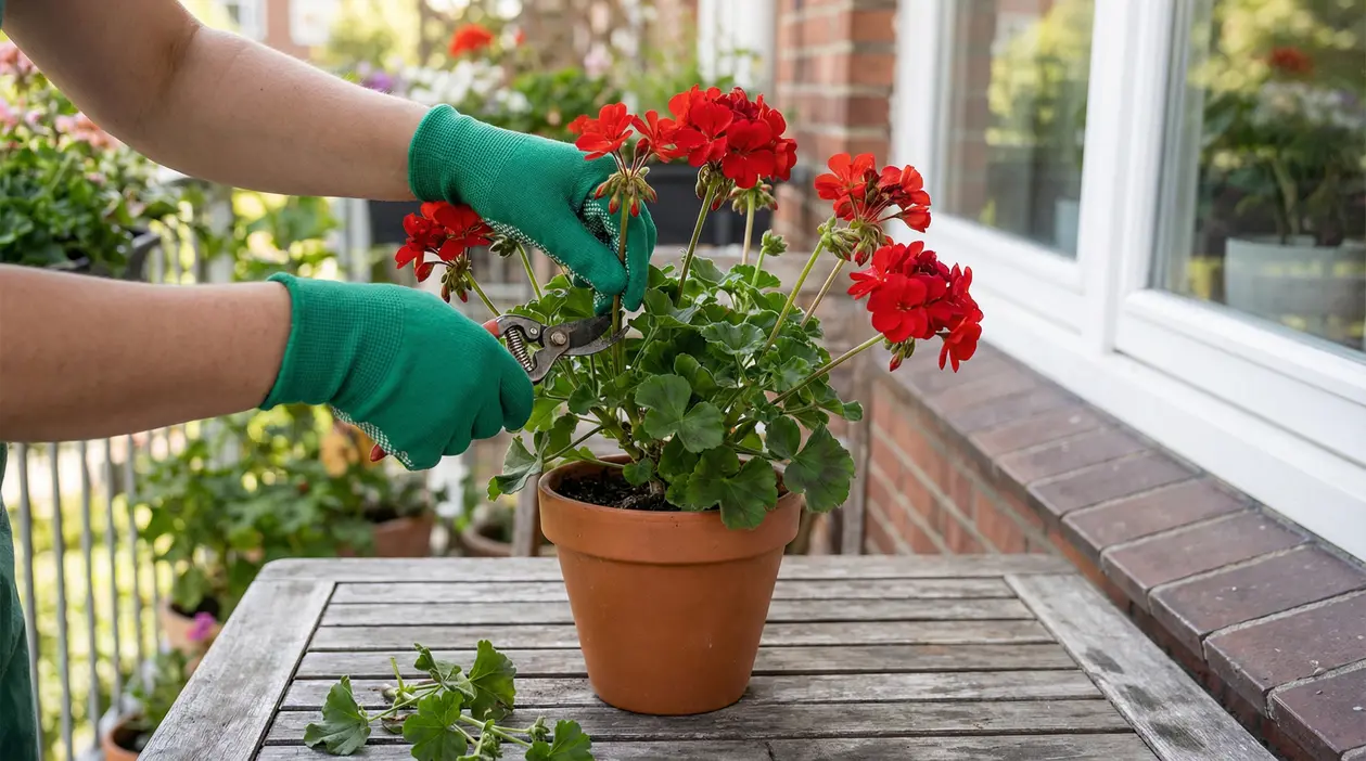 Una persona pota un vaso di gerani rossi su un tavolo da giardino