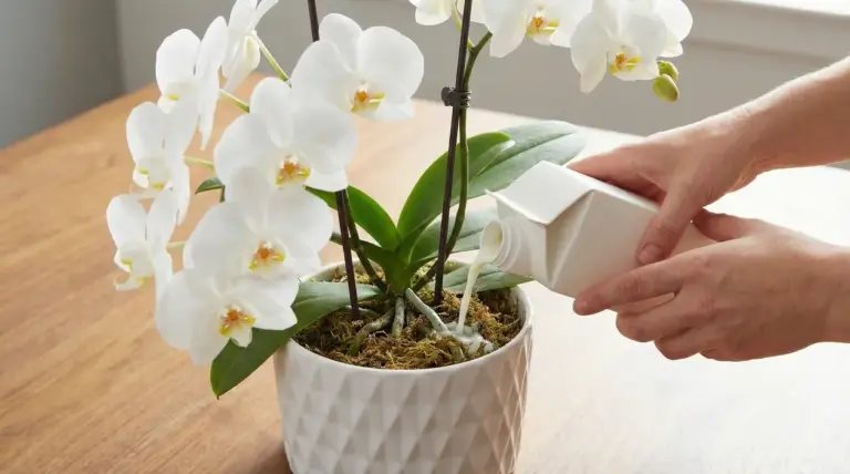 Una persona annaffia un'orchidea bianca in vaso con un liquido da un contenitore bianco.