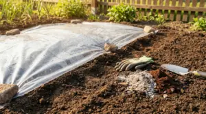 Terreno dell'orto coperto con telo di plastica, guanti da giardinaggio e attrezzi sul suolo