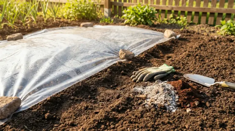 Terreno dell'orto coperto con telo di plastica, guanti da giardinaggio e attrezzi sul suolo