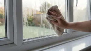 Una mano asciuga la condensa da una finestra con un panno