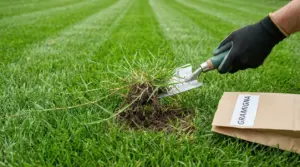 Una persona estirpa manualmente la gramigna da un prato con l'aiuto di una paletta.