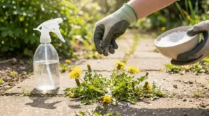 Mano con guanto che sparge sale grosso su erbacce tra le fughe di un vialetto