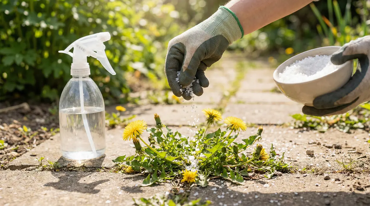 Mano con guanto che sparge sale grosso su erbacce tra le fughe di un vialetto